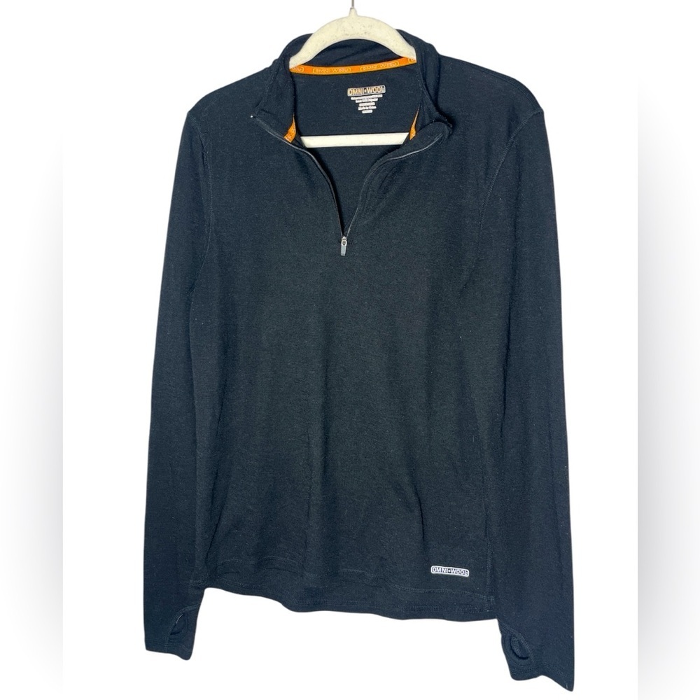 OmniWool 1/4 Zip Men's Sze M Black Wool Blend Mock Neck Thumbhole Outdoor